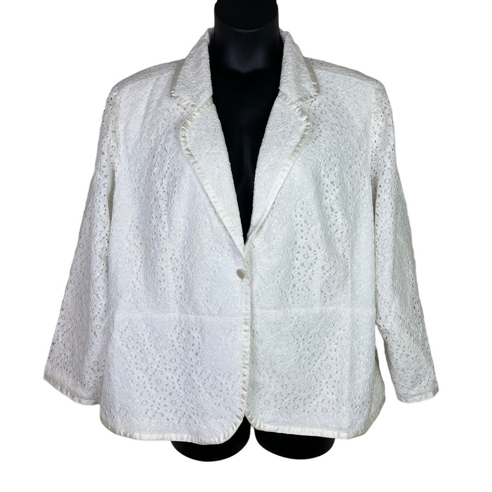 QVC Dialogue NEW Lace Blazer Jacket With Ribbon Trim White Size 26W